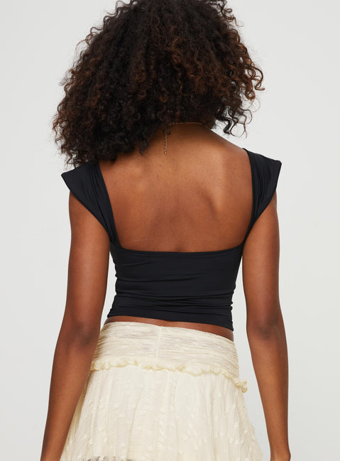 back view of model wearing Princess Polly Farinos Top Black Short Sleeves Square Neck 