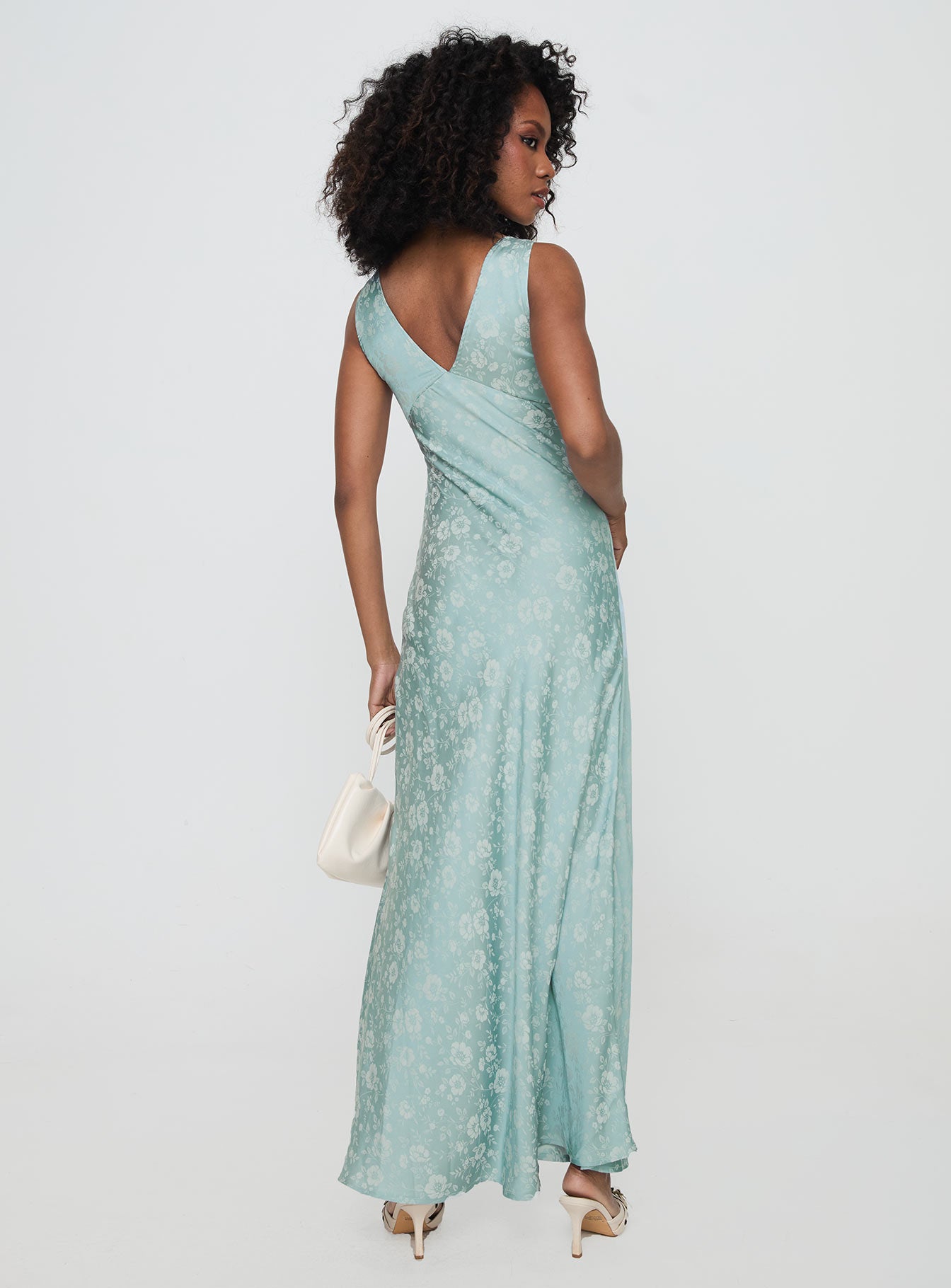 back view of model wearing Princess Polly Nell Jacquard Maxi Dress Blue V-Neck 
