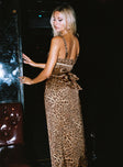 back view of model wearing Princess Polly Sanctuary Maxi Dress Leopard Plunger 