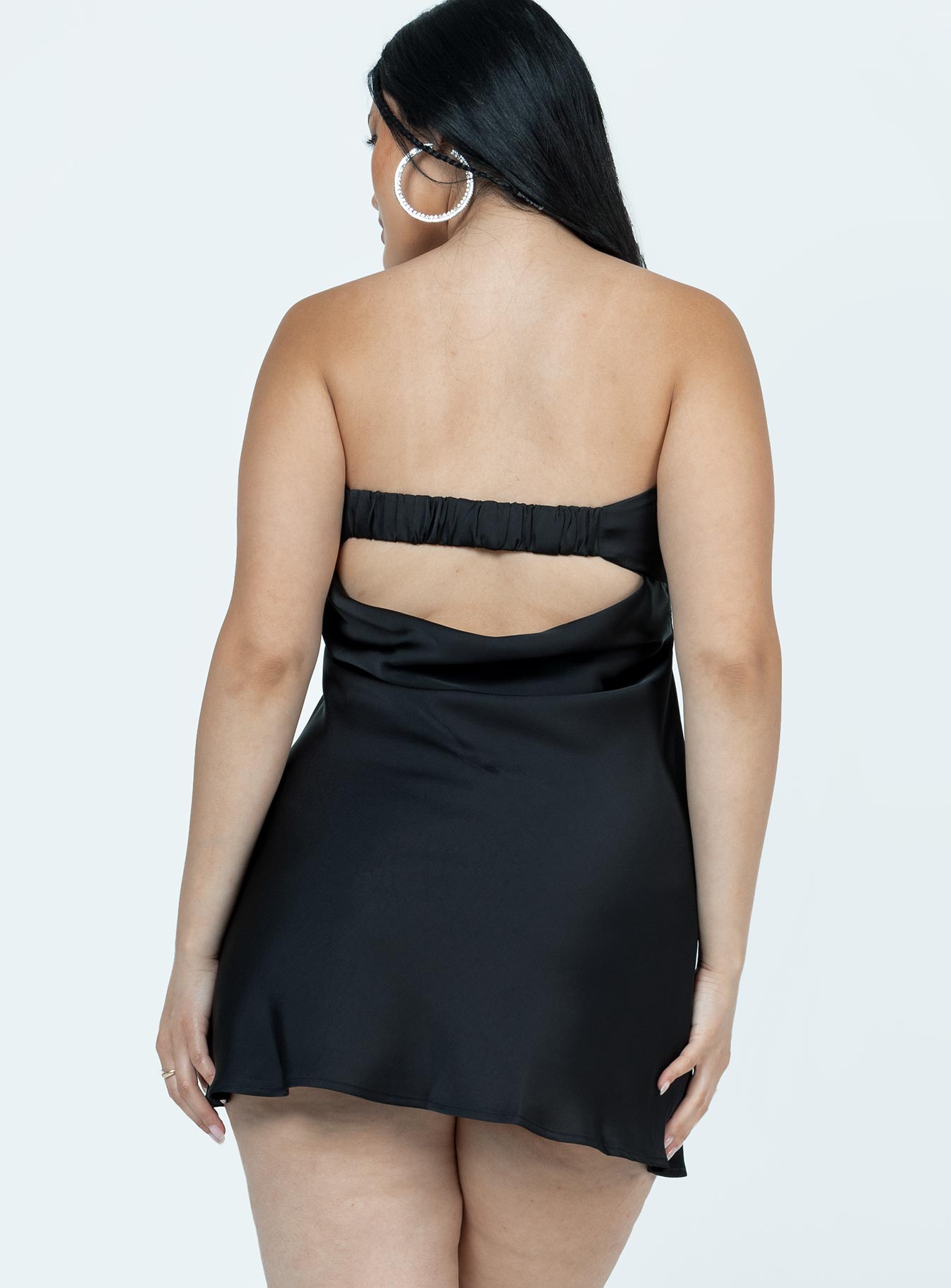 back view of model wearing Princess Polly Phillipa Mini Dress Black Petite Straight Neck 