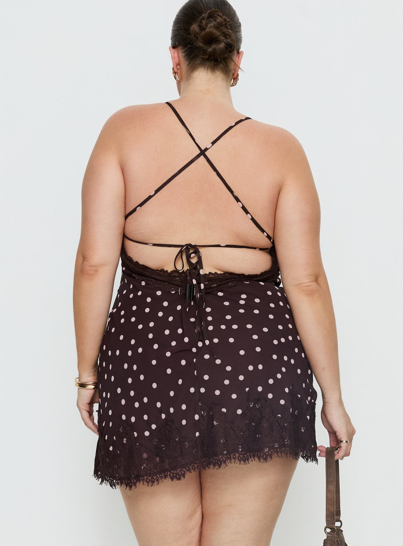 Call My Lover Lace Slip Mini Dress Brown Polka Curve