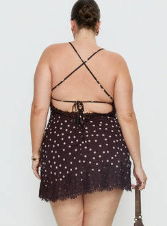 Call My Lover Lace Slip Mini Dress Brown Polka Curve