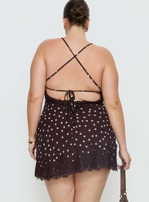 Call My Lover Lace Slip Mini Dress Brown Polka Curve