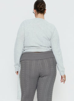 back view of model wearing Princess Polly Tonee Wrap Knit Cardigan Grey Curve cropped 