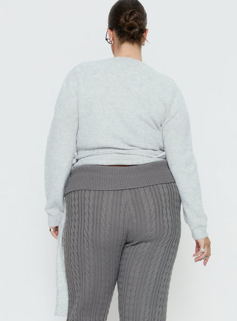 back view of model wearing Princess Polly Tonee Wrap Knit Cardigan Grey Curve cropped 