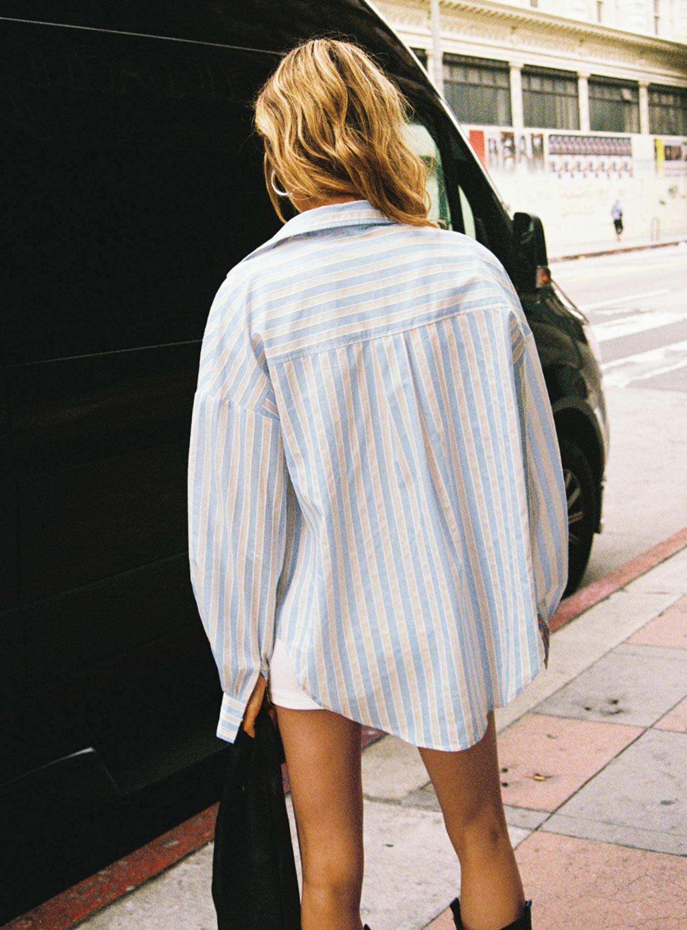 back view of model wearing Princess Polly Santiaga Shirt Beige / Blue Full Sleeves V-Neck 