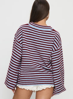 back view of model wearing Princess Polly Winter Stroll Knit Sweater Blue Stripe Longline Jumpers 