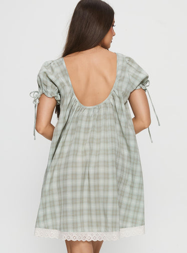 Embracing Puff Sleeve Swing Mini Dress Blue Check