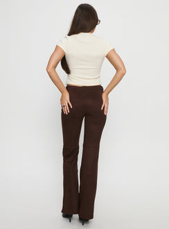 back view of model wearing Princess Polly Final Shot Faux Suede Pants Brown Low Rise Pants 
