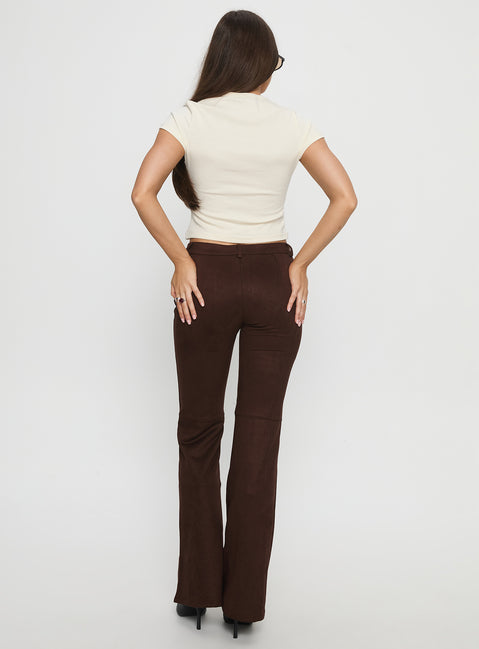back view of model wearing Princess Polly Final Shot Faux Suede Pants Brown Low Rise Pants 