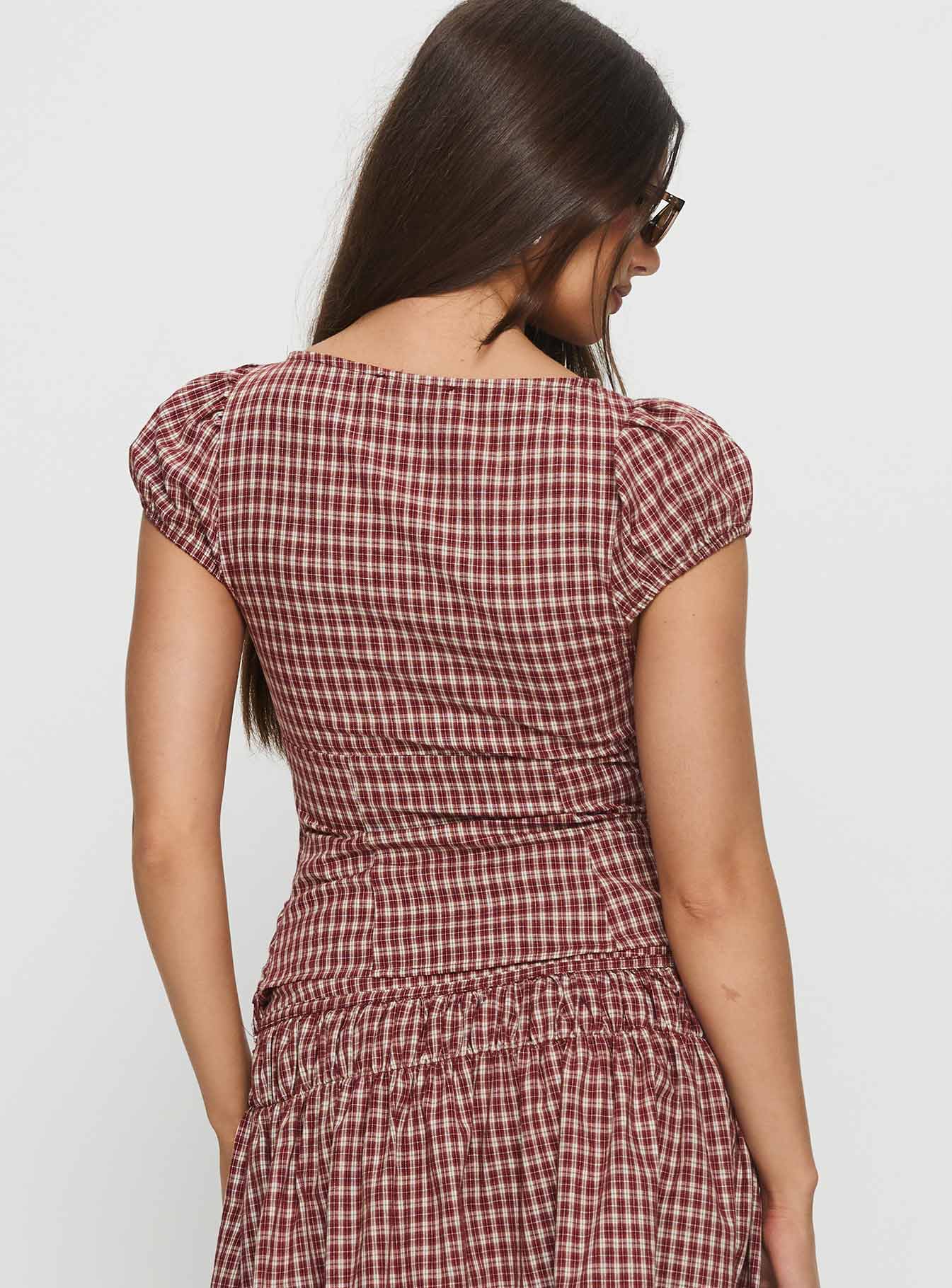 Alixandra Puff Sleeve Blouse Top Red Check