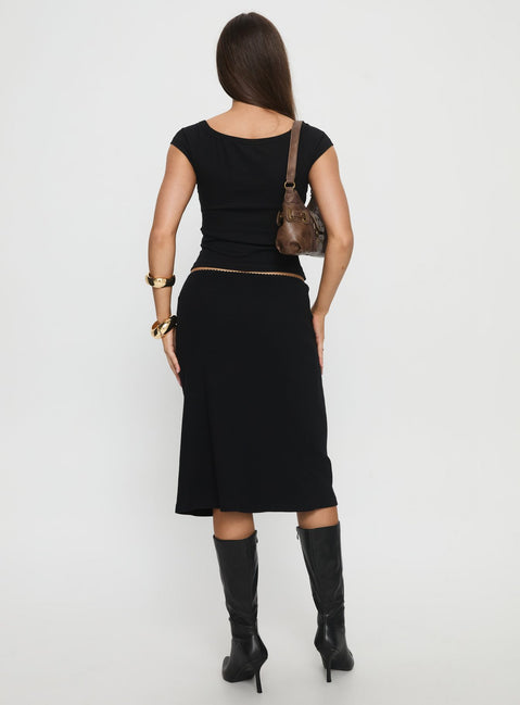 back view of model wearing Princess Polly Baseline Rib Midi Skirt Black Midi Skirts 