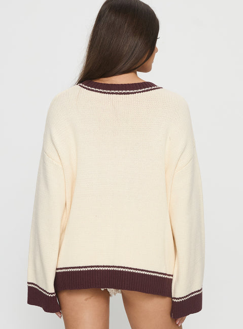 back view of model wearing Princess Polly Rhianonn Horse Graphic Knit Sweater Cream / Brown Cropped 