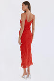 Red Maxi dress diagonal stitching design Adjustable shoulder straps V neckline invisible zip fastening