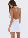 White Mini dress Slim fitting halter neck tie fastening low back