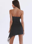 back view of model wearing Princess Polly Donelli Mini Dress Black Lower Impact Straight Neck 