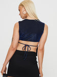 back view of model wearing Princess Polly Uzo Top Navy Lower Impact Sleeveless Crew Neck 