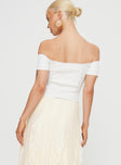 White Off the shoulder crop top Lace trim at bust boning through waist button fastening at front shirred band at back