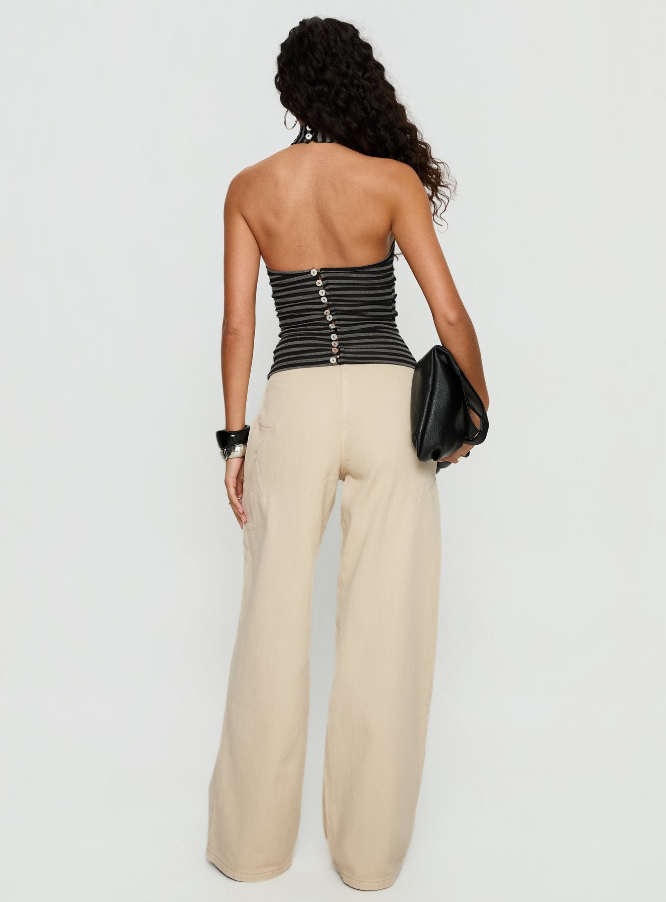 back view of model wearing Princess Polly Dolley Star Stitch Mid Rise Wide Leg Jean Ecru Mid Rise Jeans 