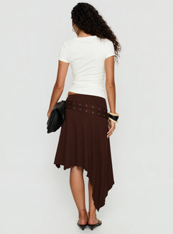 back view of model wearing Princess Polly Lorensa Double Buckle Asymmetrical Midi Skirt Brown Midi Skirts 