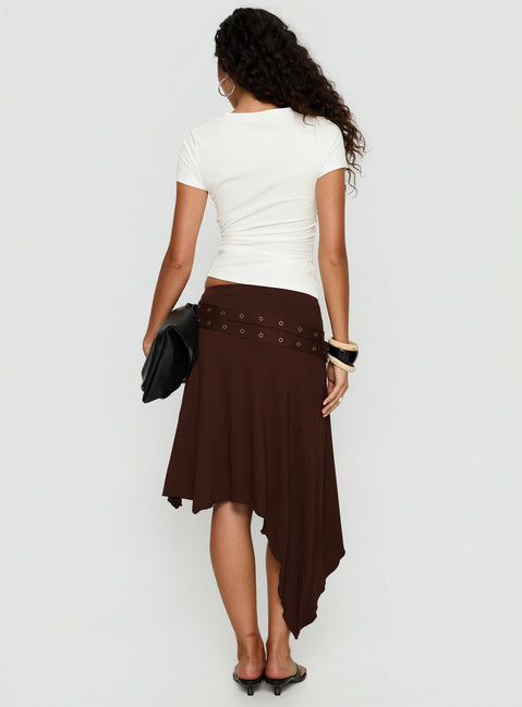 back view of model wearing Princess Polly Lorensa Double Buckle Asymmetrical Midi Skirt Brown Midi Skirts 