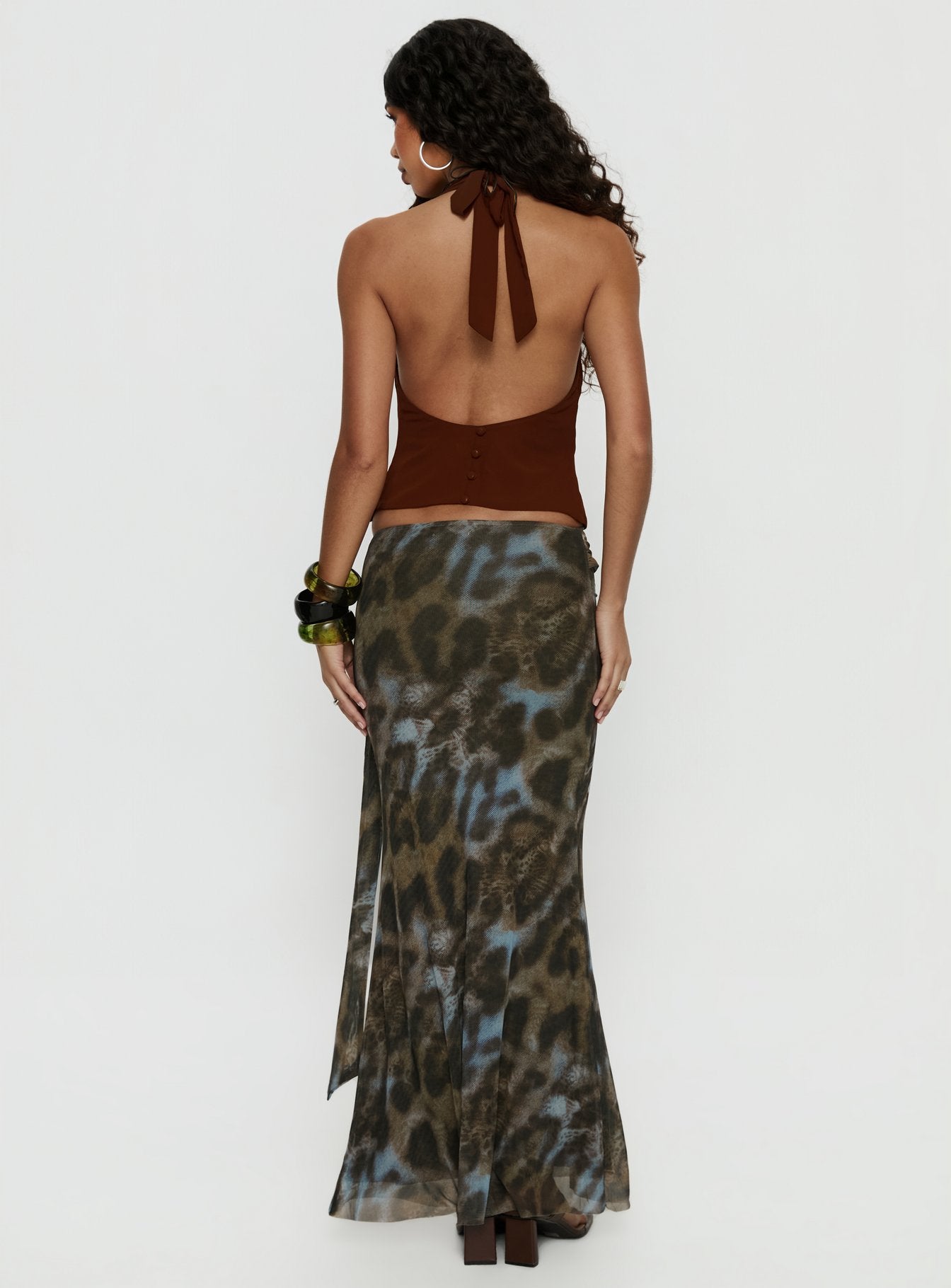 back view of model wearing Princess Polly Caviar Tie Maxi Skirt Leopard 