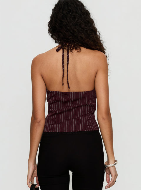 Top No Less No Sleep Halter Top Burgundy Pinstripe | Princess Polly