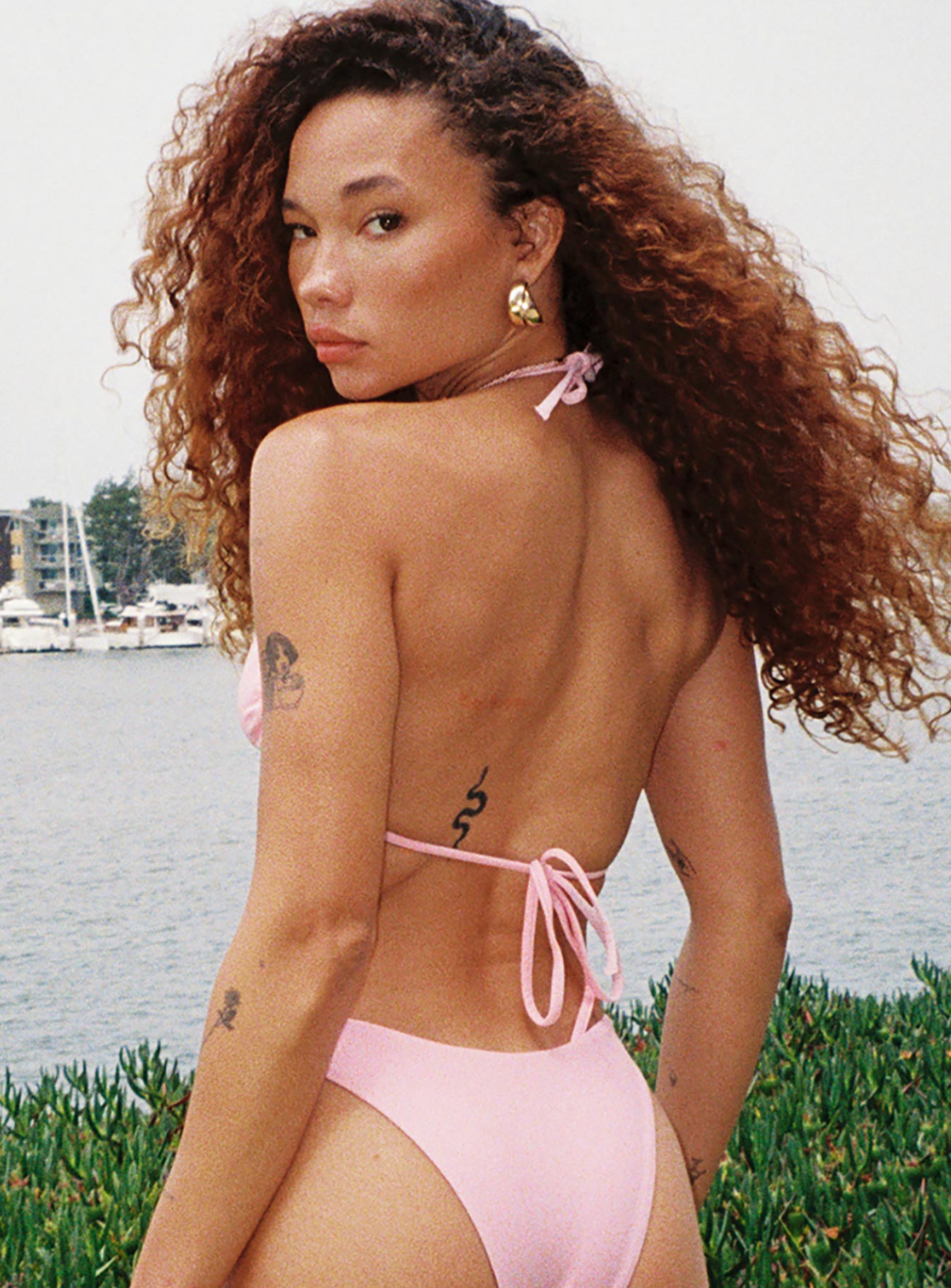 Bikini top Lace trim Tie fastenings Pinched detail at bust Padded cups Good stretch Fully lined 