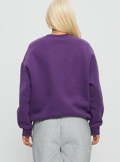 back view of model wearing Princess Polly NYU Offside Crewneck Sweatshirt Purple 