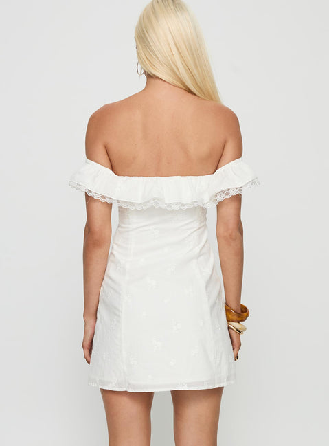 cutest icon white embroidered off the shoulder mini dress Lilybet Off Shoulder Embroidered Mini Dress White