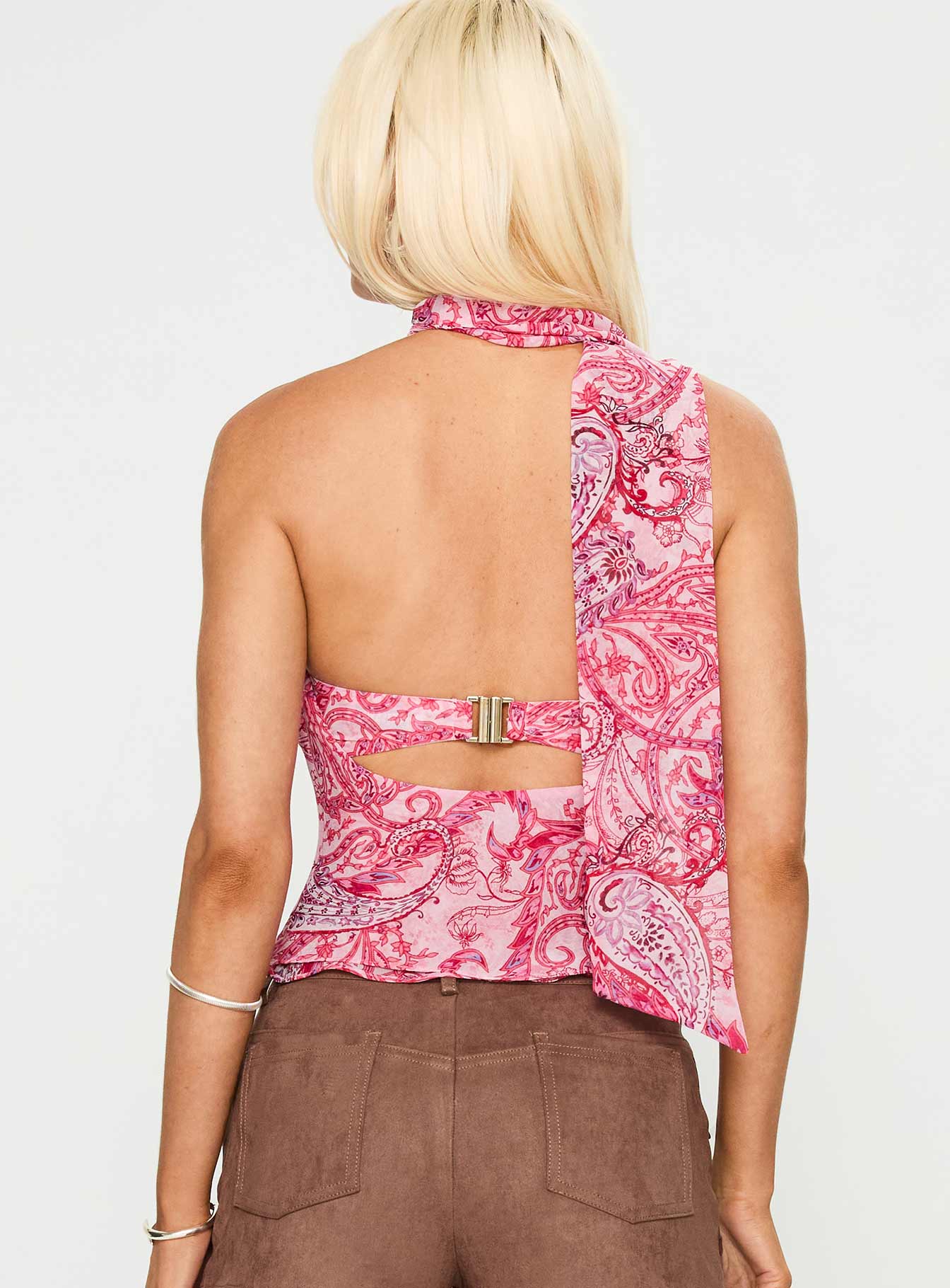 back view of model wearing Princess Polly Superstitions Scarf Top Pink Multi Sleeveless Sweetheart 