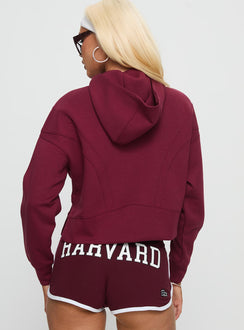 back view of model wearing Princess Polly Harvard Buttersport Half-zip Hoodie Crimson cropped 