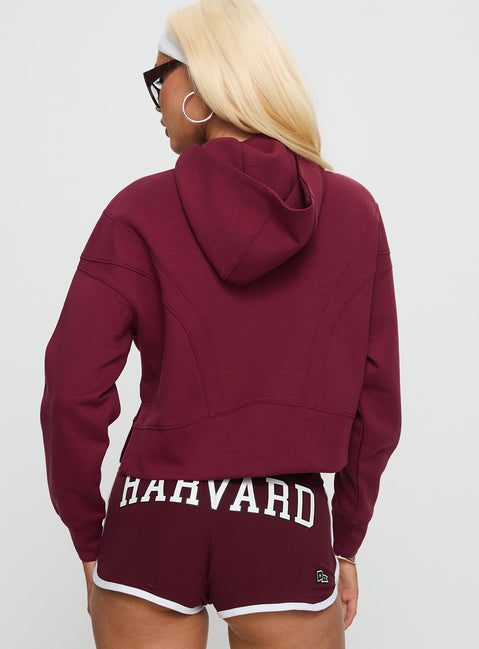 back view of model wearing Princess Polly Harvard Buttersport Half-zip Hoodie Crimson cropped 