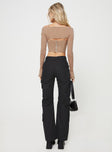Pants Mid rise, belt looped waist, zip and clasp fastening, six pocket detail, tucked detail along inner seams at knees