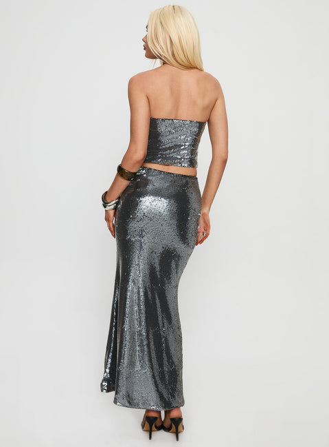 back view of model wearing Princess Polly Kalokairi Cut Out Maxi Skirt Black Maxi 