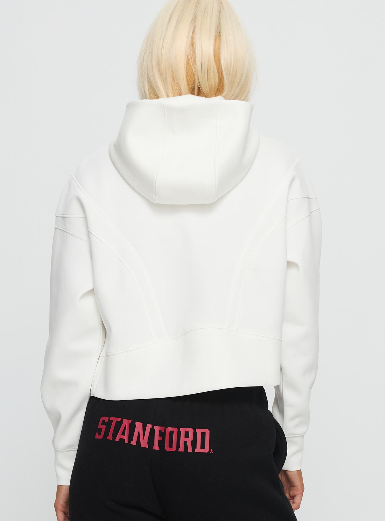 back view of model wearing Princess Polly Stanford Buttersport Half-zip Hoodie White cropped 