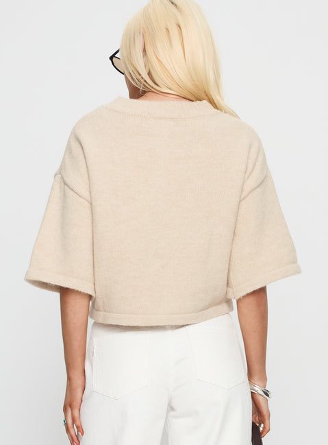 back view of model wearing Princess Polly Verina Short Sleeve Knit Cardigan Oat cropped 