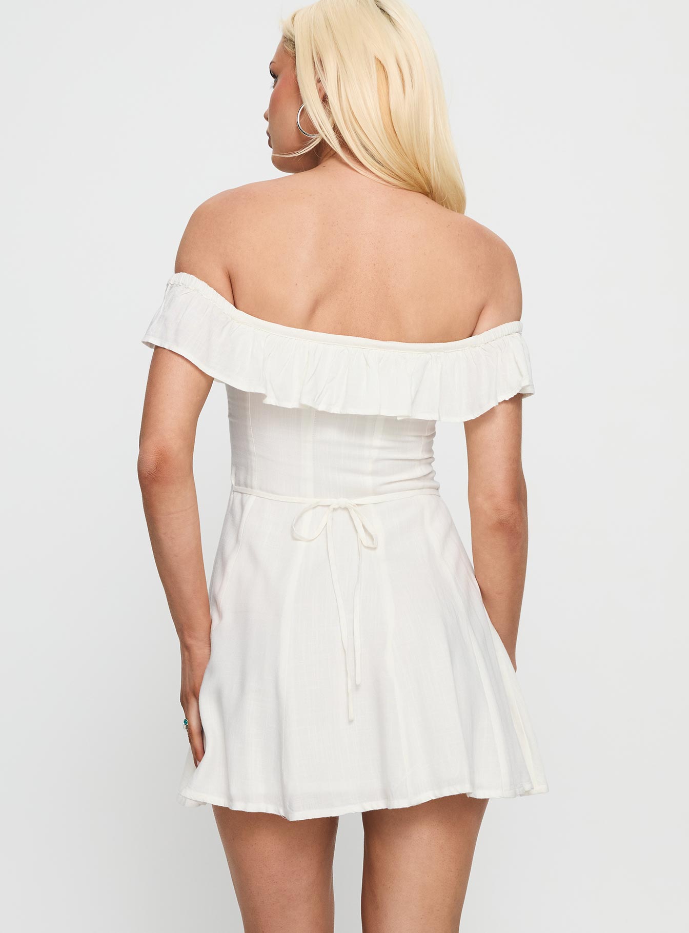 Corail Off Shoulder Frill Mini Dress White | Princess Polly