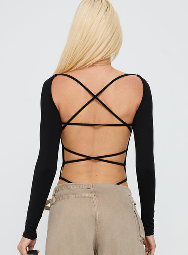 All Tied Up Long Sleeve Bodysuit Black