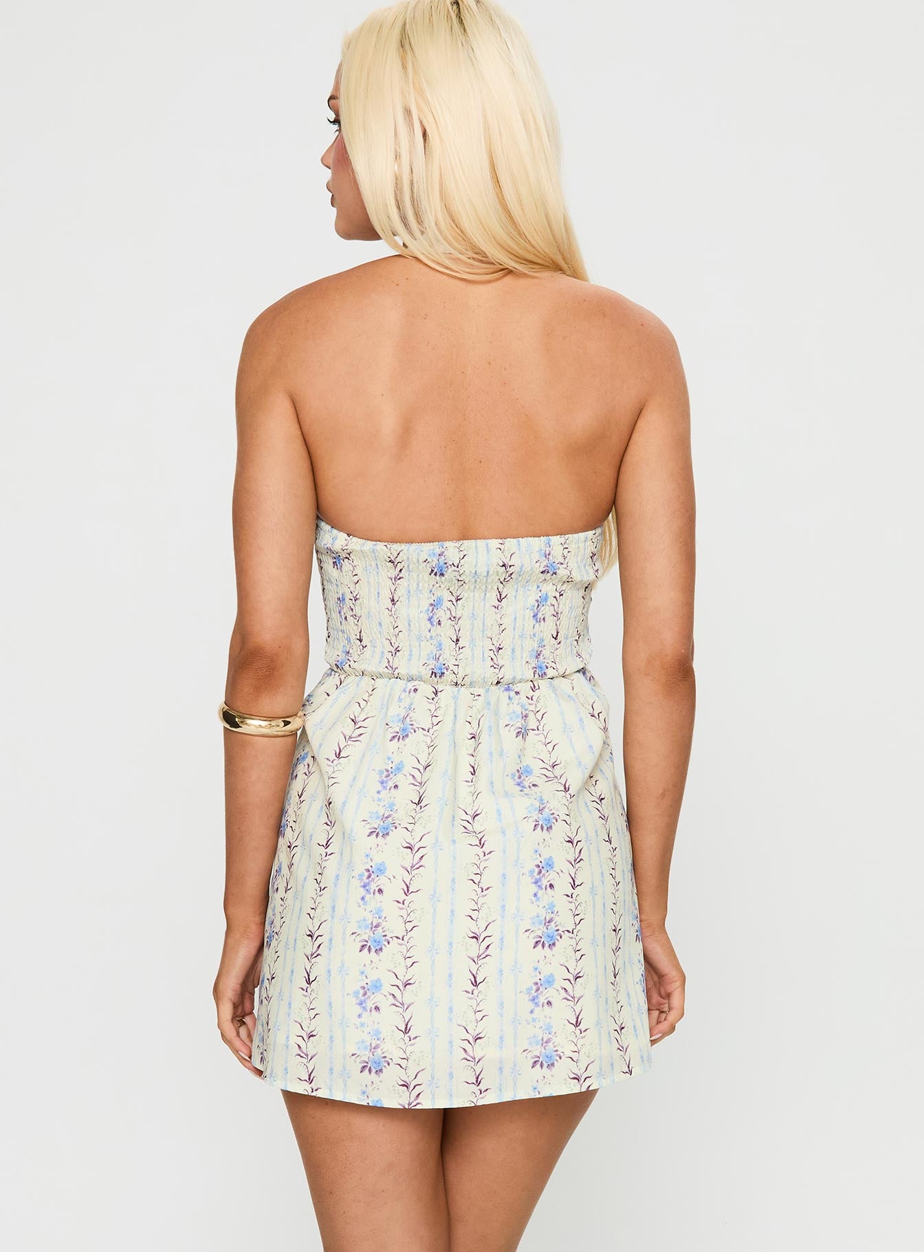 back view of model wearing Princess Polly Jasmynne Halter Mini Dress White / Blue Plunger 
