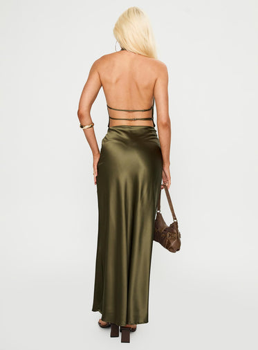 Iridescent Plunge Maxi Dress Olive Green
