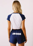 back view of model wearing Princess Polly USD Soffee Shorts Navy High Waisted Shorts 