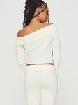 back view of model wearing Princess Polly Sina Off The Shoulder Top Cream Full Sleeves Asymmetric Neckline 