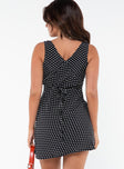 V neck Mini dress Polka dot print, Singe waist tie at back, Invisible zip fastening at side, Wide shoulder straps, A line fit