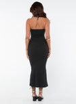Strapless midi dress, slim fitting Thin knit ribbed material, strapless design, diagonal detail stitching, elasticated bust & back, inner silicon strip along bust, invisible zip fastening on side