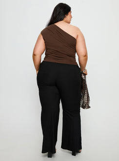 back view of model wearing Princess Polly Kortnee Eyelet Detail Flare Leg Pants Black Curve Mid Rise Pants 