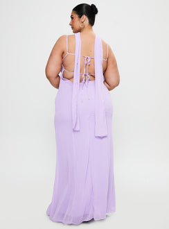 back view of model wearing Princess Polly Jadira Scarf Maxi Dress Purple Curve Plunger 