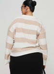 Knit sweater beige and white Striped design, classic collar