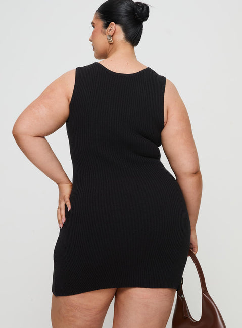 back view of model wearing Princess Polly Osment Knit Mini Dress Black Curve Crew Neck 