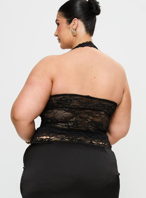 back view of model wearing Princess Polly Fantasize Lace Halter Top Black Curve Sleeveless Sweetheart 